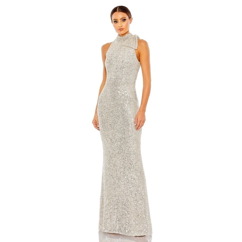 Mac Duggal 11280 SEQUINED SOFT TIE HALTER NECK COLUMN GOWN